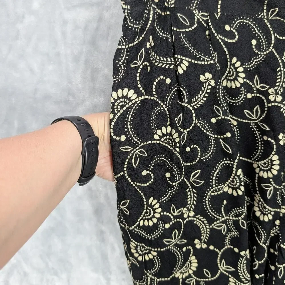 Vintage Pants Womens 14 Black Floral Print Pleated Made USA Toni Garment Boho